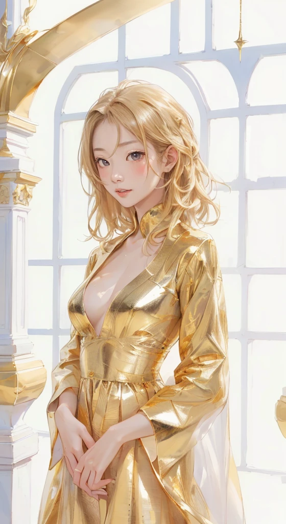 masterpiece、highest quality、portrait photography、face focus、(natural skin texture、hyper realism、Gold Light、sharp:1.4)、Sparkling.