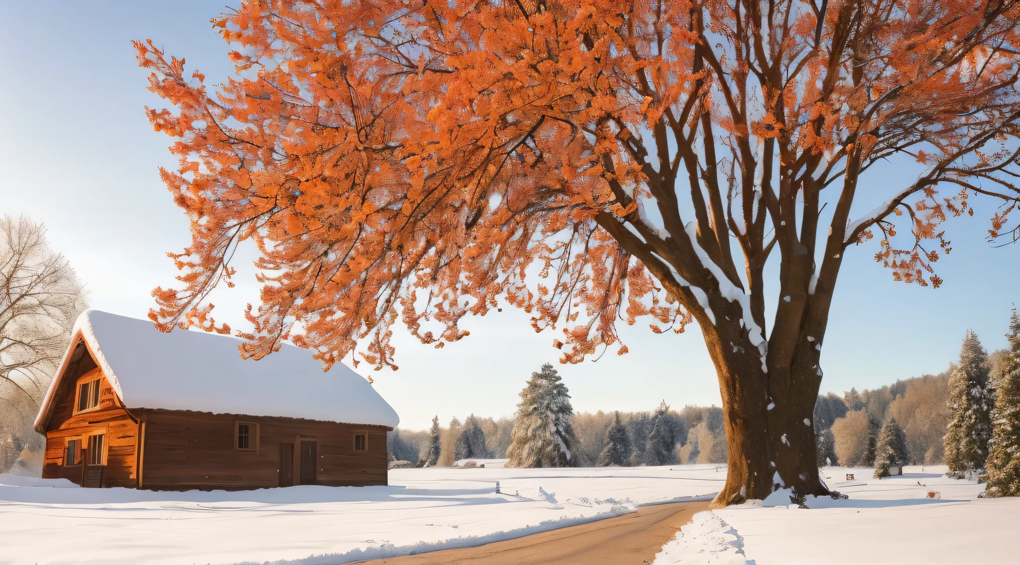 il y a un arbre debout dans la neige près d'une maison, Belle scène chaleureuse, de beaux arbres à couper le souffle, à couper le souffle - à couper le souffle de beaux arbres, fond d'écran HD, beautiful paysage enneigé, paysage de neige, avec de la neige recouverte de rouge coloré, belle région d'hiver, beauté du paysage naturel, beau fond d'écran, cadre hivernal, saison de l'automne, paysage enneigé, fin de l'automne, très beau paysage
