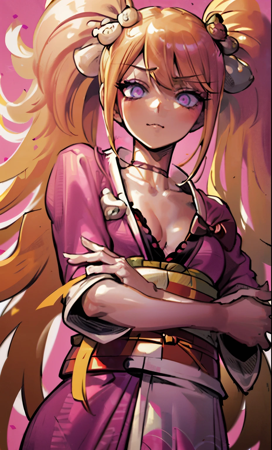 a woman with long blonde hair masterpiece, (pink kimono), , seductive face, good lighting, décolleté, huge breasts, small details, masterpiece, glowing eyes, 1girl, blonde hair, gag, bamboo, Nezuko Kamado, wisteria background, masterpiece, best quality, POV, whole body, wide hips,