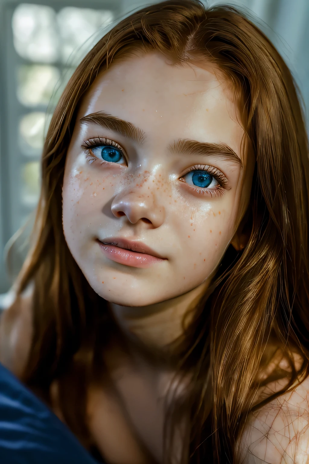 UHD, Masterpiece, textured skin, super detailed, high quality, award wining, best quality cinematic lighting, sadie sink, freckle, actress, sexy girl, see-trought wet dress, red hair, (blue-eyed girl), highly detailed glossy eyes, light smile, portrait photo of a 18-year-old girl sitting on the bed, small breasts, (looking at the camera), specular lighting, dslr, ultra quality, sharp focus, tack sharp, dof, film grain, (centered), Fujifilm XT3, crystal clear, center of frame, cute face, sharp focus, detailed skin pores