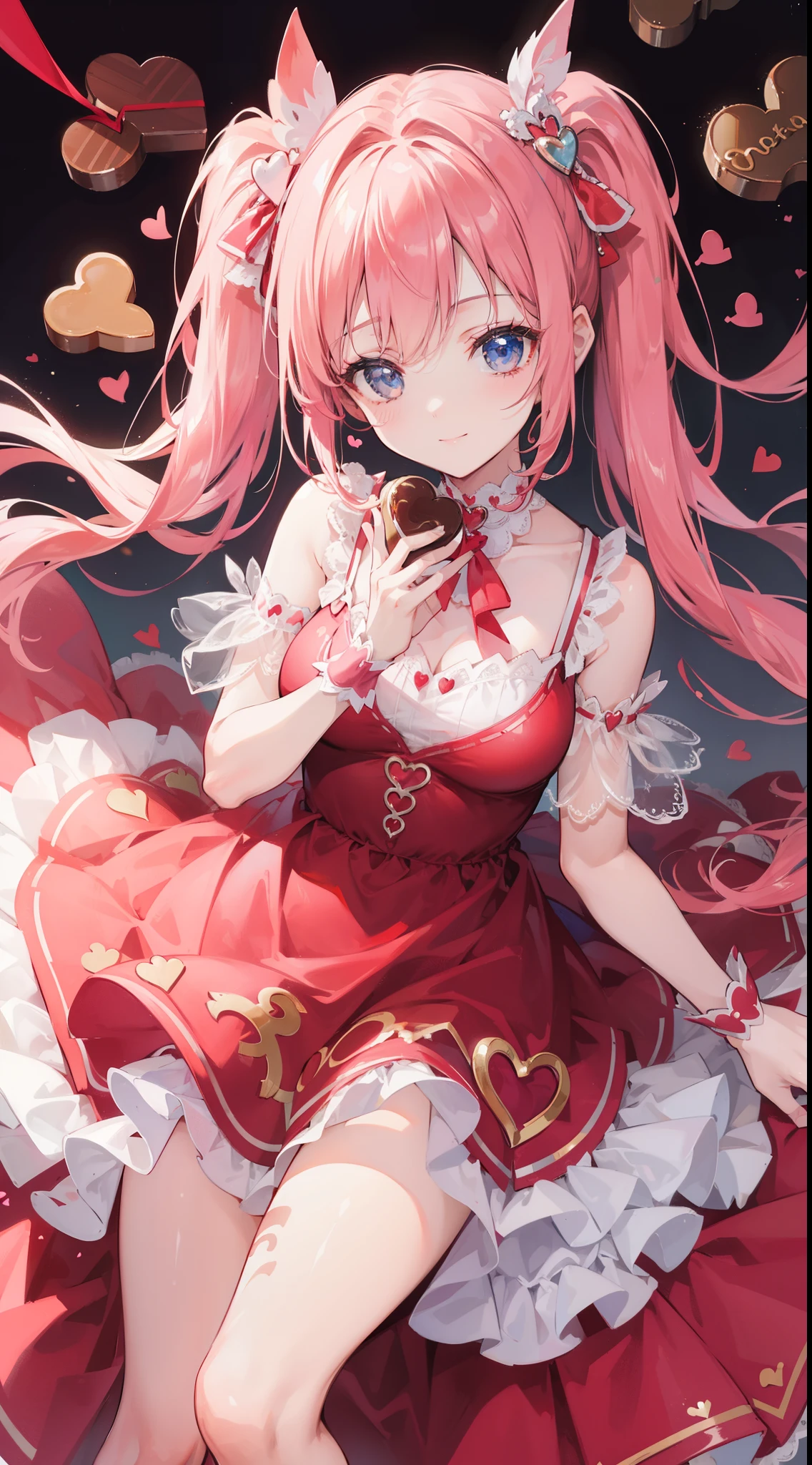 (((32k))), (16k), (8k), (4k), (((32k heart background))), (((Pretty girl))), (((cute girl))), (beautiful quality eyes), (cute smile), (((dress))), (valentine), ((holding heart chocolate)),
