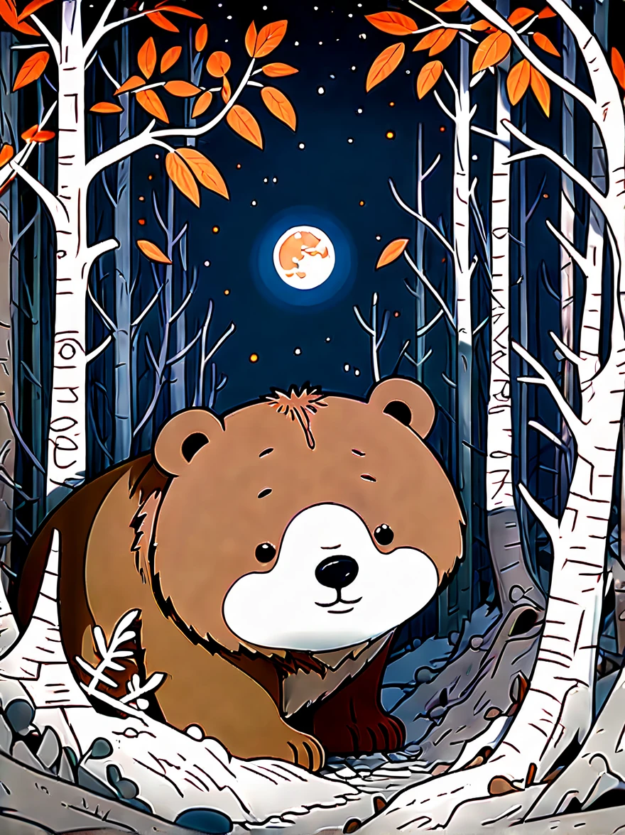 snowy jungle,night,moon,Cute hibernating brown bear,((complex sheltered lair:1.5)),Dead branches,Leaves, graffiti in the style of Keith Haring,sharpie illustration, Bold lines and solid colors, Simple details, minimalist,\(qline\)