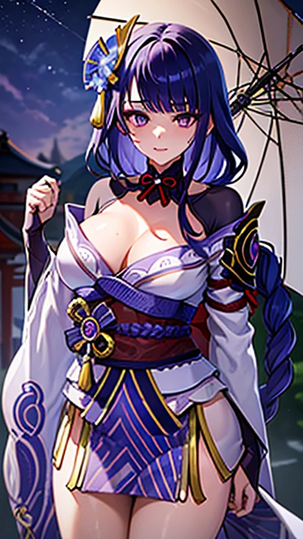 masterpiece, best quality, 1girl, solo, raiden shogun, long hair, purple hair, purple eyes, medium breasts, braided ponytail, hair ornament, blunt bangs, flowers, mole, mole under eye, sweat, wet, Kimono Top, Kimono bottom, Shrine background, Behind the shrine, Nighttime, Rain, Umbrella 