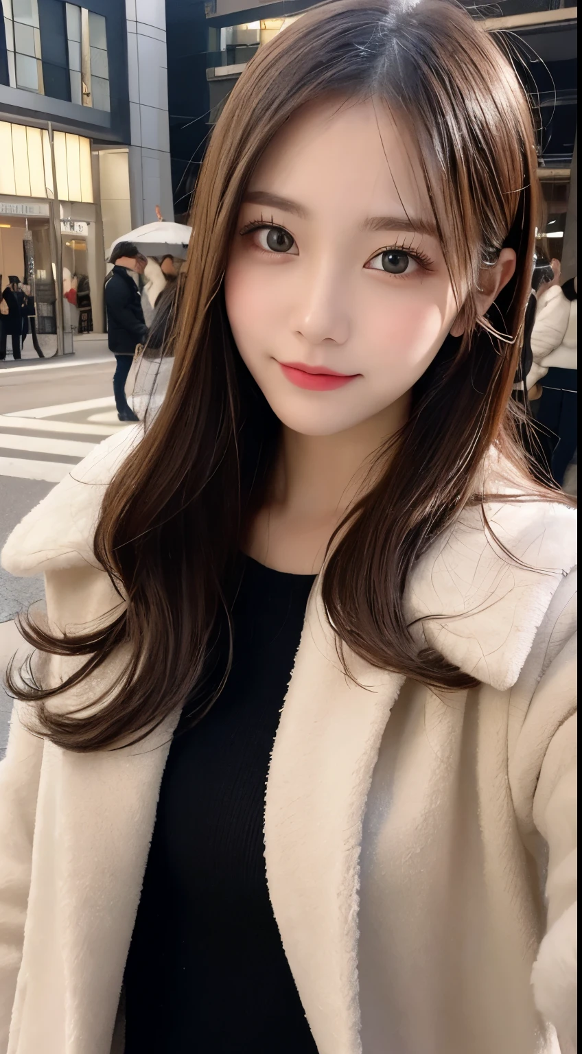 table top, highest quality, shape, Super detailed, finely, High resolution, 8k wallpaper, 完璧なダイナミックな構shape, beautiful and detailed eyes, Gorgeous and stylish black fluffy latest trend Tokyo winter clothes,ランダムなcute髪,small breasts,natural color lip, bold sexy pose,smile、20 year old girl、cute、sexy shot looking at camera,Always blur the background,perfect and beautiful face,Take only the face,beautiful and detailed face、slim face and style,Big eyes、Do gal makeup,real photos、luxury brand mink coat