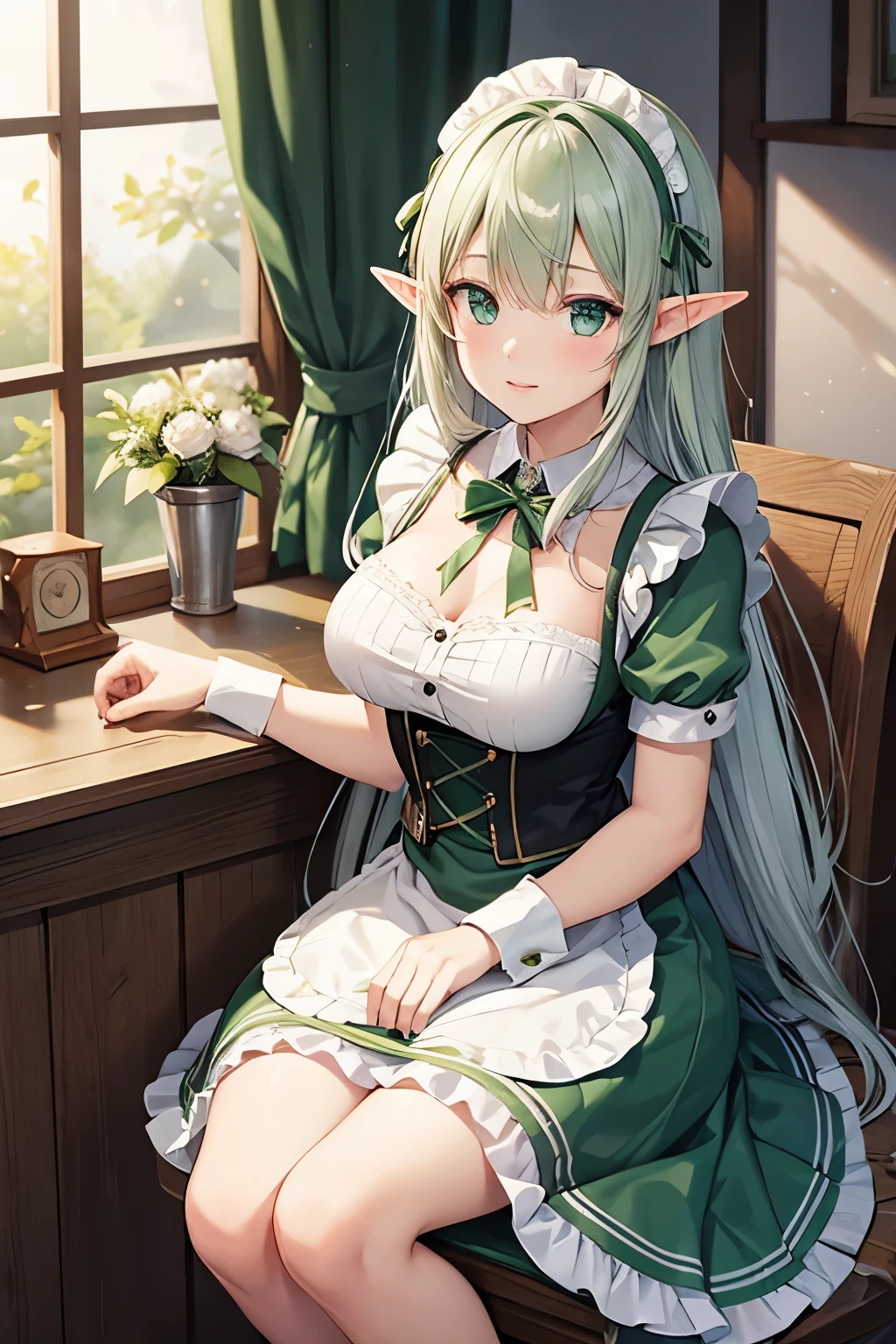 very beautiful half elf maid in green and silver clothes
