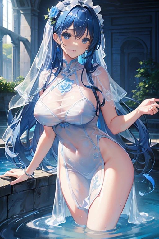 (highest quality, 8K, 32K, masterpiece, UHD: 1.3), 1 female, (Oversized: 1.3), perfect figure,, (attractive), (Sheer skin)) 、((((Transparent see-through dress))))、see-through dresses、lace sheer dress、Transparent dress、Sheer skin、Transparent dressを着た美しい裸の女性、solo、best style、big breasts、The most beautiful in the world、unparalleled beauty、long hair、 ((Roman baths)),、Blue lighting. concept art stunning atmosphere, blue atmosphere, beautiful concept art, Dark majestic gorgeous waterside、(blue water辺、blue water)、blue fountain、blue pottery、Blue Wall、Blue floor、blue reflection、blue window、get wet in blue water、Blue light、blue flower、Blue roses、blue lantern、Expressive、sexy pose、sexy design、pink nipples