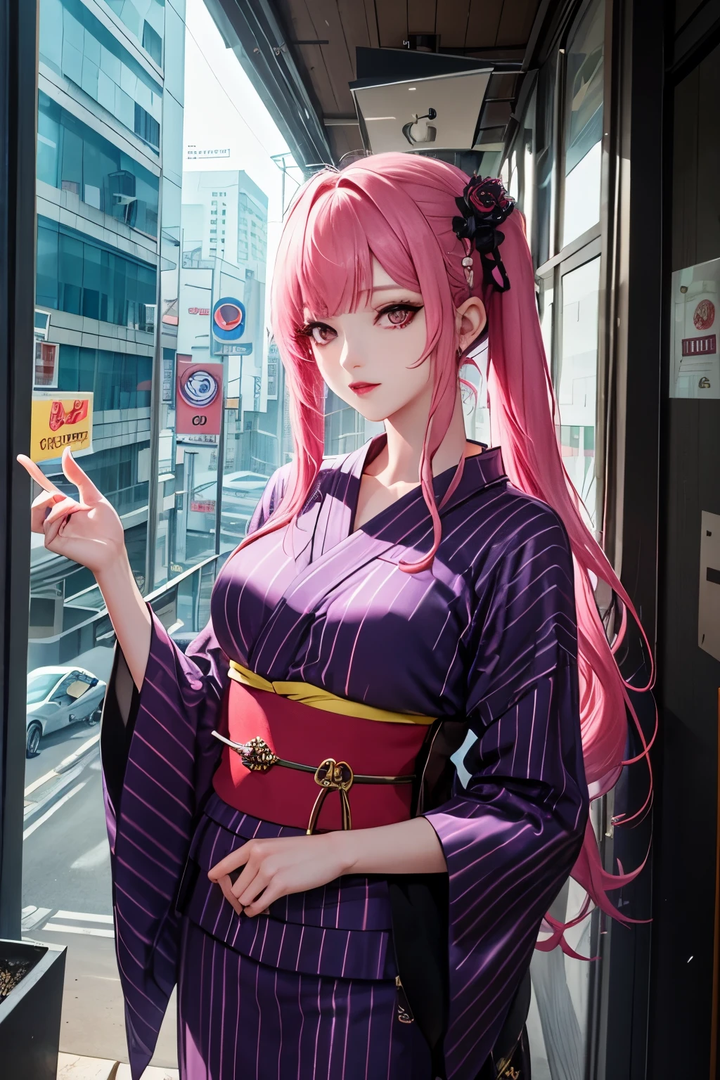 Best quality image of aestetic alpha idol group with mix cyberpunk, kpop, and gothic vibe with gothic mix with yukata dress and long pink hair taken by potrait mode 