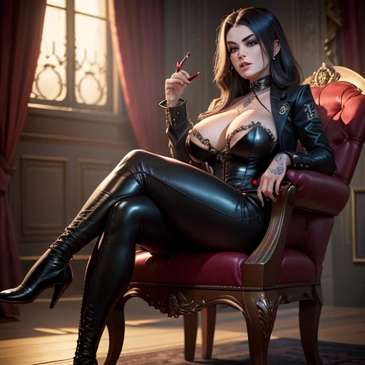 ((best quality)), ((masterpiece)), (detailed), perfect face, (((Big tits))), hot young curvy girl, black lava outfit, stocking, black latex slime, beautyful face, ((stocking)), high heels, (( long length hair)), ((detailed eyes)), lightning in the background, ((dark horror castle in the background, ((lace thigh fix), garter belts (((the clothes melt off her))), (((black paint splattered on it))), (flying dragon in a background), black damaged corset, ((her clothes were torn in several places))), high heels boots, latex lingerie, (nun costume), (((he wearing a black venom face mask))), venom, black dark venom, ((black lacy brassiere)), perfect detailed , (detailed eyes), ((crossed legs)), (((high heels boots))), hot long legs, ((full body)), hot ass, ((it is photographed from side)), (sitting a chair), ((crossed legs)), ((fullbody)), latex, erotic pose, boob, big 