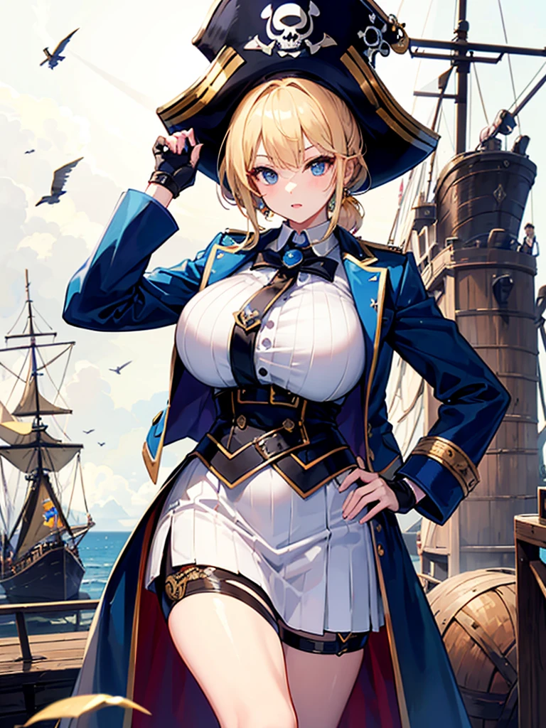 (((masterpiece、Highest image quality、highest quality、highly detailed unity 8kwallpaper)))、((Illustration of one girl、upper body))、(((beautiful girl)))、(fantasy、female pirate)、(blonde、short ponytail:1.2、light blue eyes)、(((Right hand is a prosthetic hand、steampunk prosthetic arm)))、((tall))、bulky figure, massive frame, thick neck, sturdy arms, powerful legs、(captain's suit、Pirate hat、Blue coat)、pier、pirate ship anchored、Wooden sailing ship