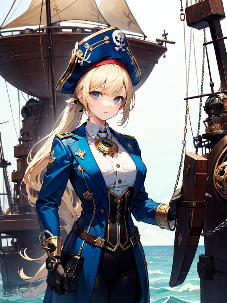 （（（masterpiece、Highest image quality、highest quality、highly detailed unity 8ｋwallpaper）））、（（Illustration of one girl、upper body））、（（（beautiful girl）））、（fantasy、female pirate）、（blonde、short ponytail：1.2、light blue eyes）、（（（Right hand is a prosthetic hand、steampunk prosthetic arm）））、（（tall））、bulky figure, massive frame, thick neck, sturdy arms, powerful legs、（captain&#39;s suit、Pirate hat、Blue coat）、pier、pirate ship anchored、Wooden sailing ship