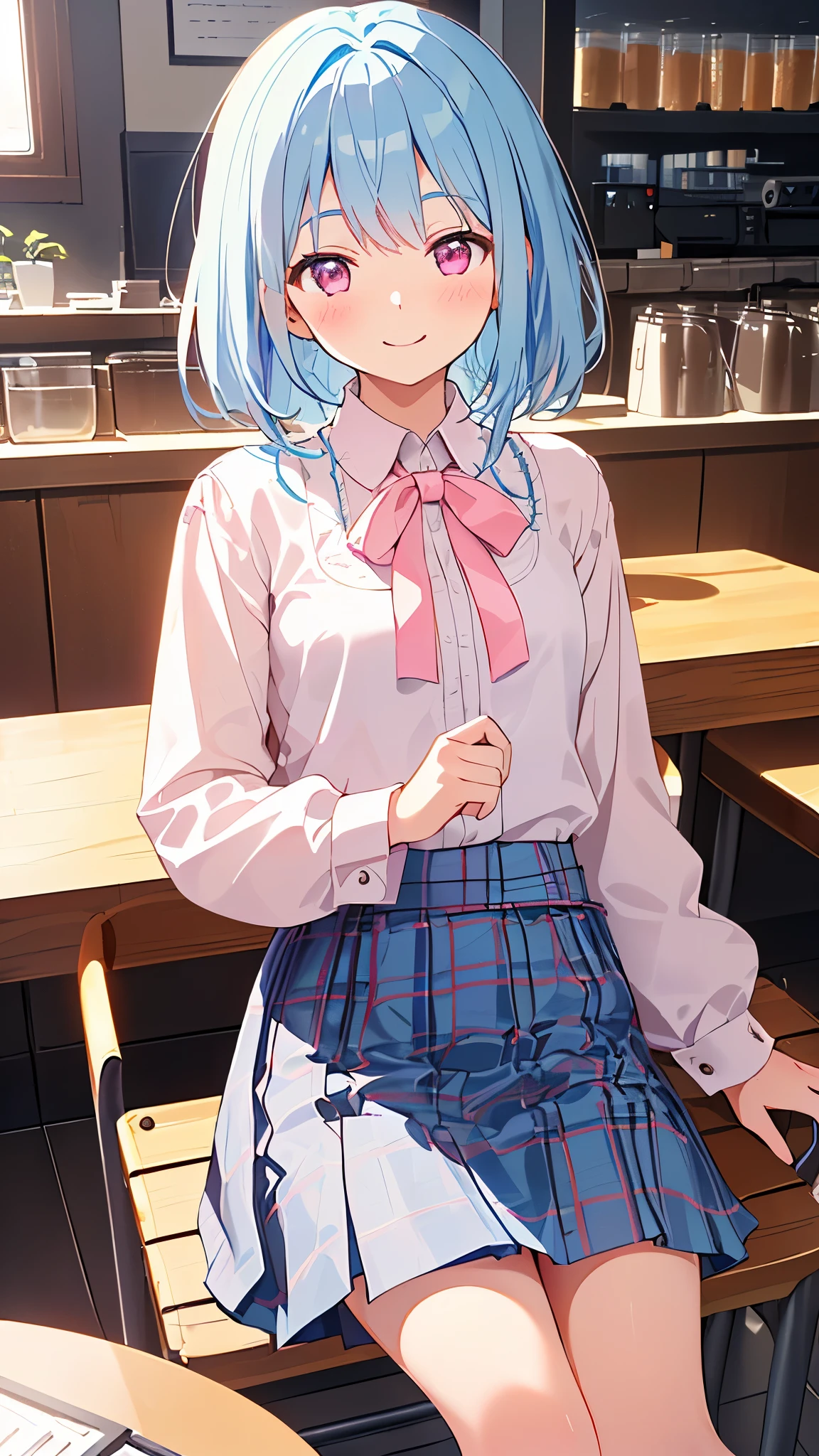 masterpiece、highest quality、1 girl、calm expression、((( girl、light blue hair、round pink eyes、smile、blush、small breasts、White blouse shirt、plaid skirt)))、(sitting in a chair)、((bright indoors、Cafe))、(sharp focus) :1.2)、Professional Writing、photon mapping、radio city、Physically Based Rendering