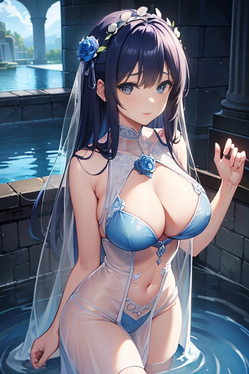 (highest quality, 8K, 32K, masterpiece, UHD: 1.3), 1 female, (Oversized: 1.3), perfect figure,, (attractive), (Sheer skin)) 、((((Transparent see-through dress))))、see-through dresses、lace sheer dress、Transparent dress、Sheer skin、Transparent dressを着た美しい裸の女性、solo、best style、big breasts、The most beautiful in the world、unparalleled beauty、long hair、 ((Roman baths)),、Blue lighting. concept art stunning atmosphere, blue atmosphere, beautiful concept art, Dark majestic gorgeous waterside、(blue water辺、blue water)、blue fountain、blue pottery、Blue Wall、Blue floor、blue reflection、blue window、get wet in blue water、Blue light、blue flower、Blue roses、blue lantern、Expressive、sexy pose、sexy design、pink nipples