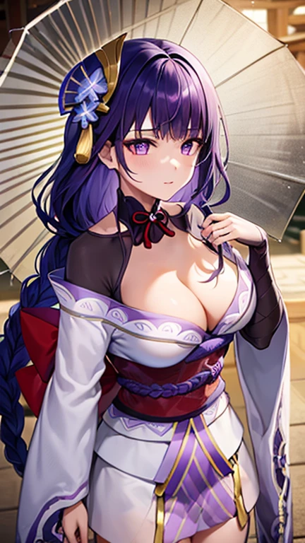 masterpiece, best quality, 1girl, solo, raiden shogun, long hair, purple hair, purple eyes, medium breasts, braided ponytail, hair ornament, blunt bangs, flowers, mole, mole under eye, sweat, wet, Kimono Top, Kimono bottom, Shrine background, Behind the shrine, Nighttime, Rain, Umbrella 