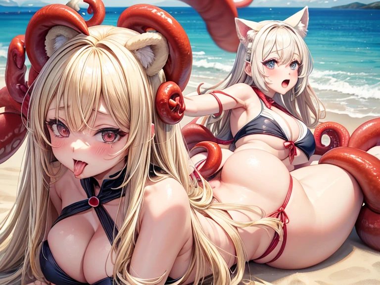 Thick blonde haired manga bear ears ahegao tongue out open wide mouth open wide eyes white costume sexy bent body doggy_style ass focus stomach bulge ahegao fucked by red tentacles in the ass ass gape at beach behind view 