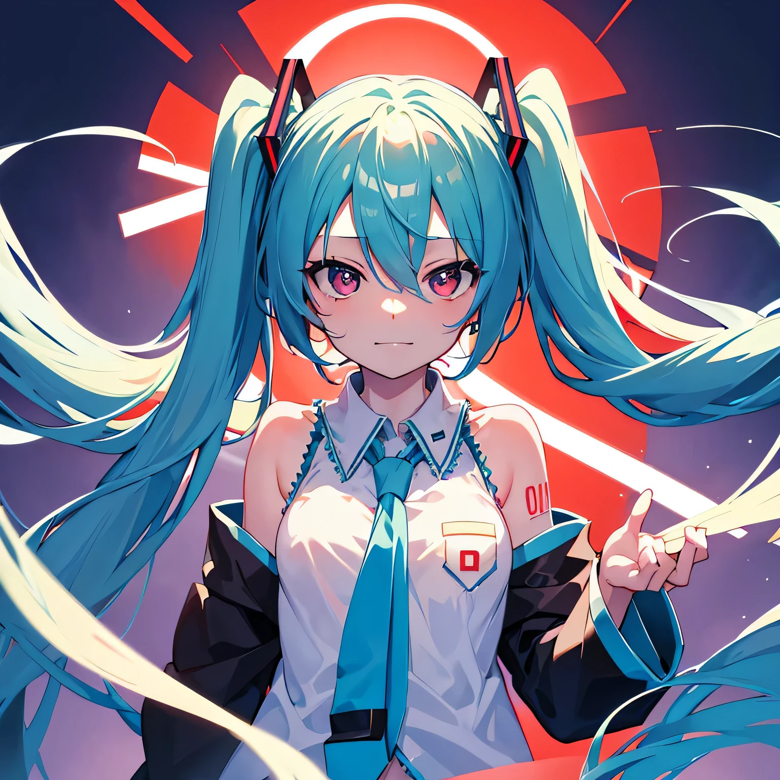 Masterpiece, Hatsune Miku, white shirt, blue tie, bare shoulders, separated sleeves, evil smiley face, dark skin, red eyes, black eyes, pupil orange,