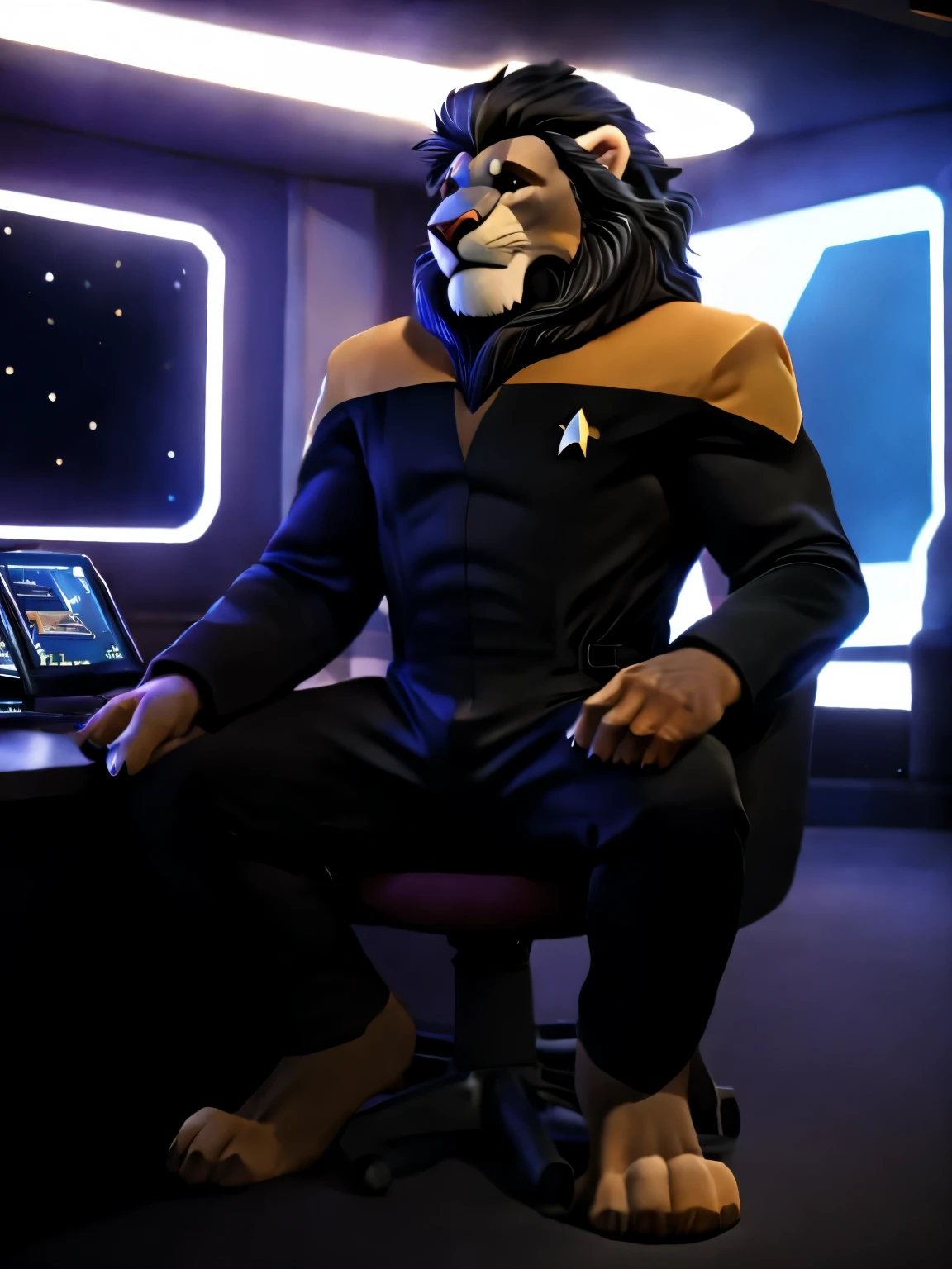 full body picture, full figure image, masterpiece, best quality, soft light, bokeh, real shadow, cinematic, The barefoot male muscular furry character resembling Scar from Lion King  (anthro lion with orange fur, black mane with with white strand), exudes confidence and authority as he sits in the captain's chair, and his red and black Star Trek Voyger uniform with the Starfleet Delta badge on his chest is a perfect match for his muscular figure. Handsome clawed feet paws dominate the bridge of the ship and its crew. Long black pants and red and black shirt without sleeves. Bridge of starship with many screens and consoles as background, futuristic look, metalic. high resolution, anatomically correct, digital art style, photoreal, visible feet, nice big paws with pawpads