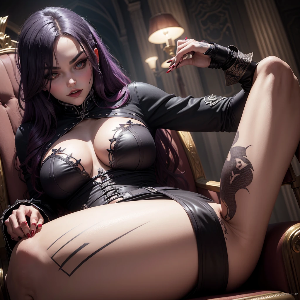 Maitresse vampire curvy tatouage sur le visage assise sur un trone et a ses pieds des esclaves vampires