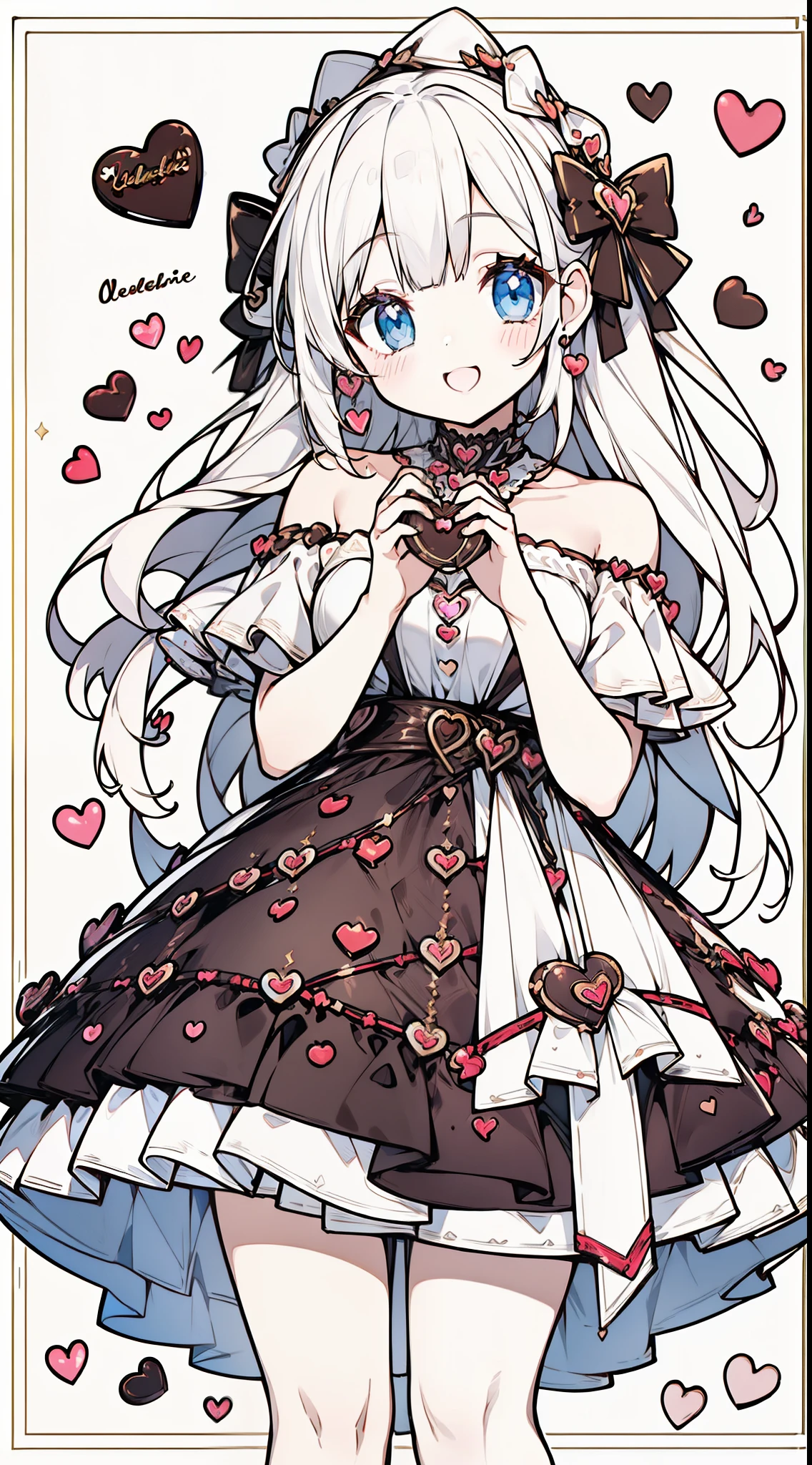 (((32k))), (16k), (8k), (4k), (((32k heart background))), (((Pretty girl))), (((cute girl))), (beautiful quality eyes), (cute smile), (((dress))), (valentine), ((holding heart chocolate)),