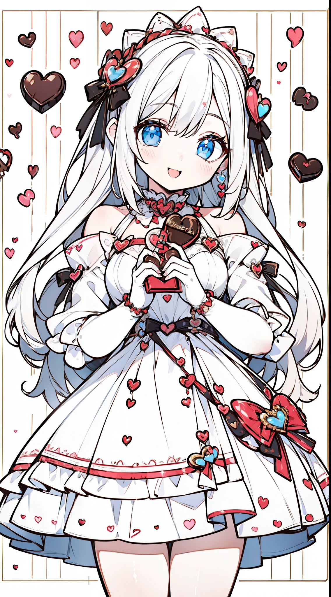 (((32k))), (16k), (8k), (4k), (((32k heart background))), (((Pretty girl))), (((cute girl))), (beautiful quality eyes), (cute smile), (((dress))), (valentine), ((holding heart chocolate)),
