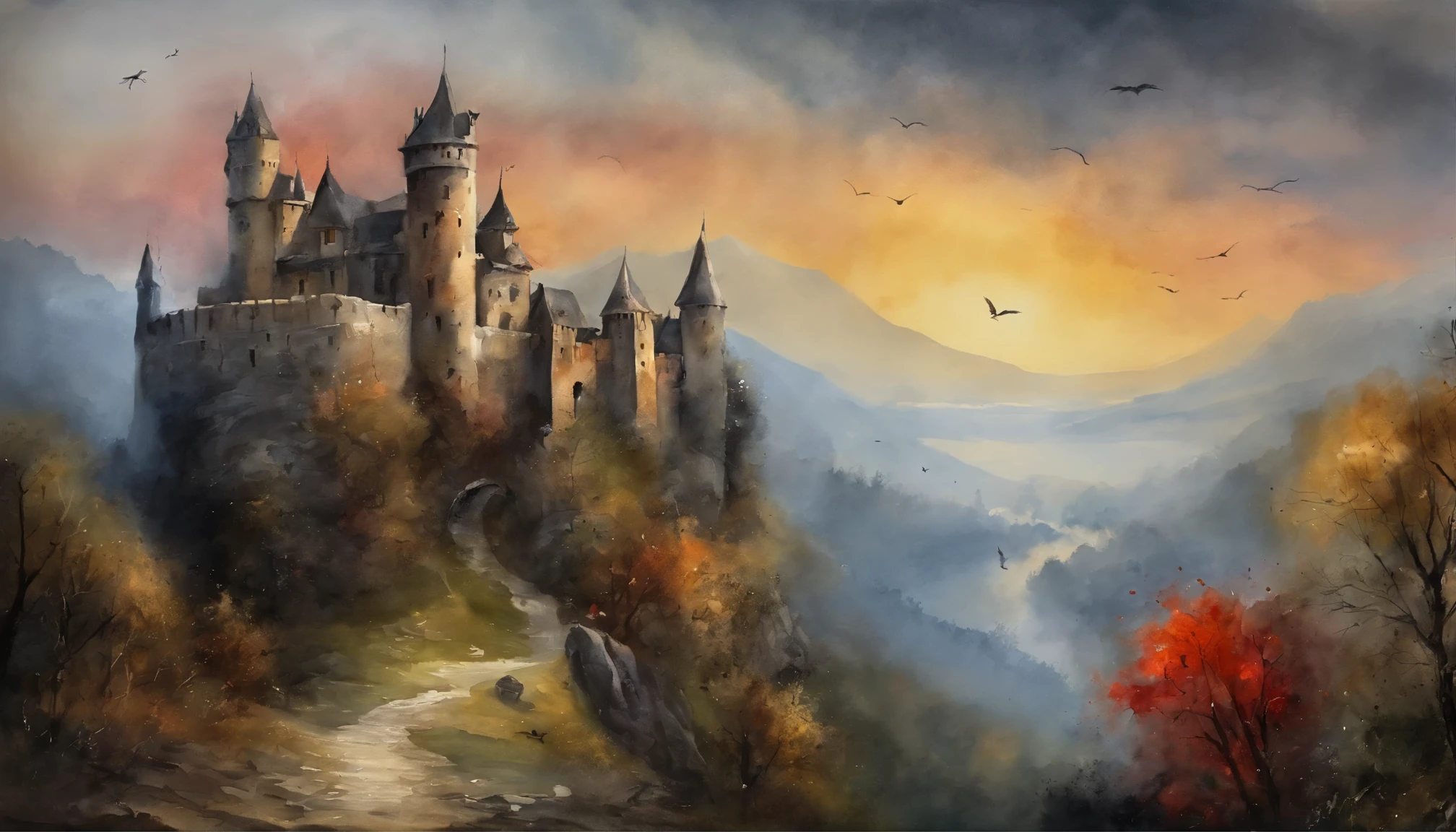 Best quality, Masterpiece, (photograph realistic:1.4), surrealism, Dream-like,fusionart, Shadowdancer, shadow magic,Red-eyed, Black-haired vampire，Dilapidated castle in the background