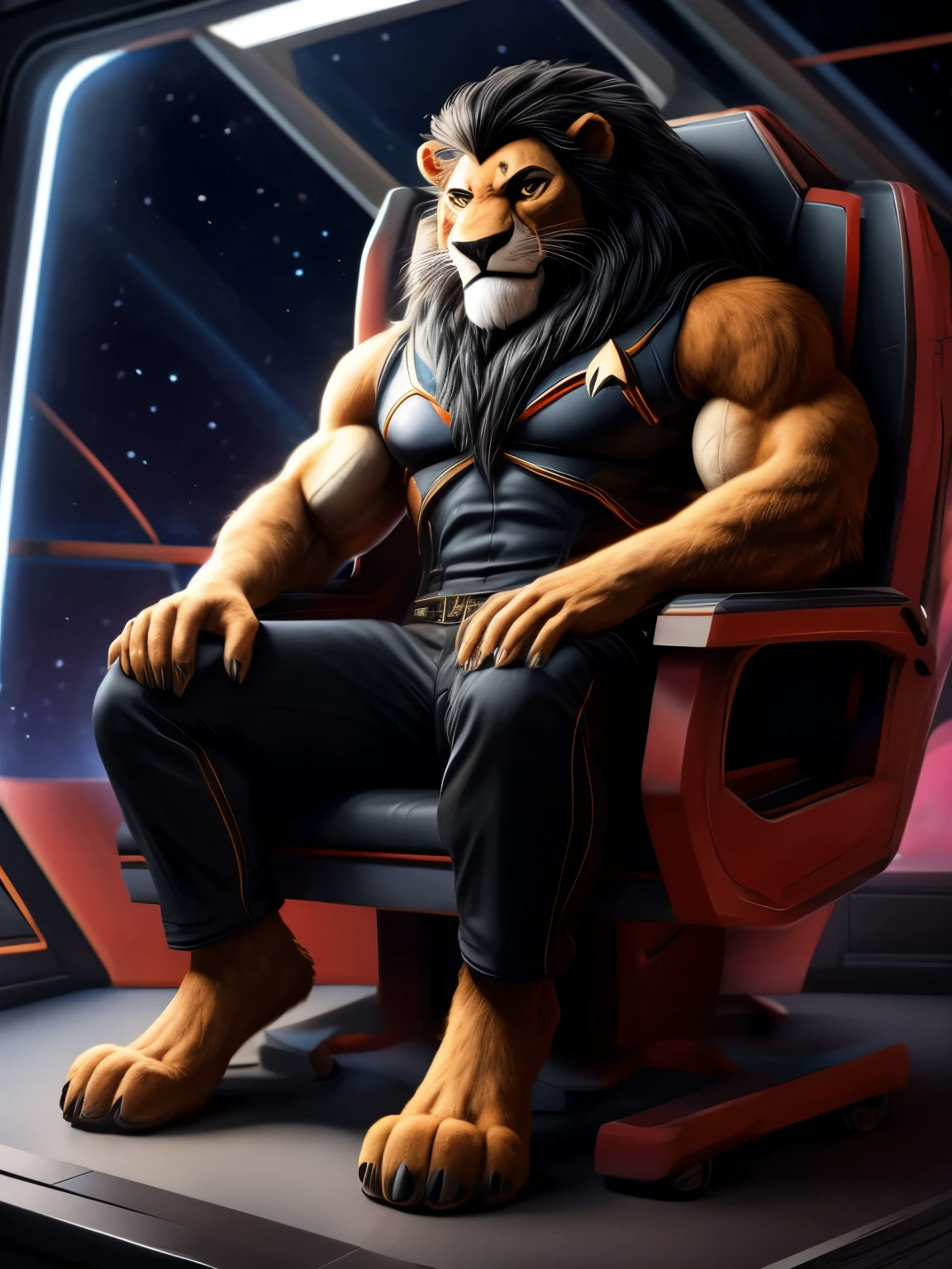 full body picture, full figure image, masterpiece, best quality, soft light, bokeh, real shadow, cinematic, The barefoot male muscular furry character resembling Scar from Lion King  (anthro lion with orange fur, black mane with with white strand), exudes confidence and authority as he sits in the captain's chair, and his red and black Star Trek Voyger uniform with the Starfleet Delta badge on his chest is a perfect match for his muscular figure. Handsome clawed feet paws dominate the bridge of the ship and its crew. Long black pants and red and black shirt without sleeves. Bridge of starship with many screens and consoles as background, futuristic look, metalic. high resolution, anatomically correct, digital art style, photoreal, visible feet, nice big paws with pawpads