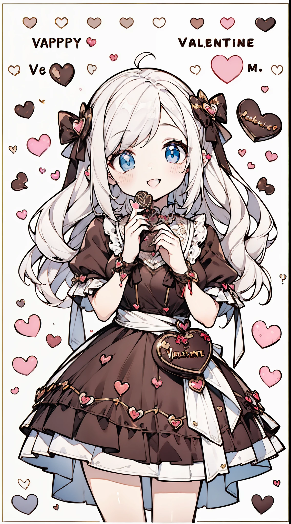 (((32k))), (16k), (8k), (4k), (((32k heart background))), (((Pretty girl))), (((cute girl))), (beautiful quality eyes), (cute smile), (((dress))), (valentine), ((holding heart chocolate)), 