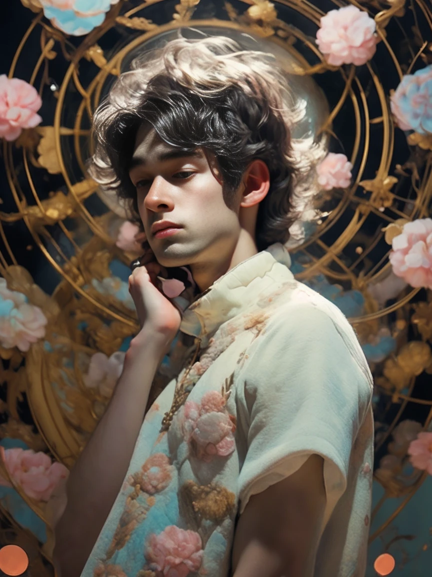 It shows the silhouette of a cute boy with his hands crossed and thinking. He has short prata-branco hair and wears a white skirt. The skin on the upper body is clear and flawless, prata-branco, com uma cor misteriosa e sonhadora. The whole picture design is simple and dreamy. The style features bright pastel colors, O menino tem um rosto bonito e delicado, exalando uma aura misteriosa e encantadora, close-up --ar 1:1 --s 180