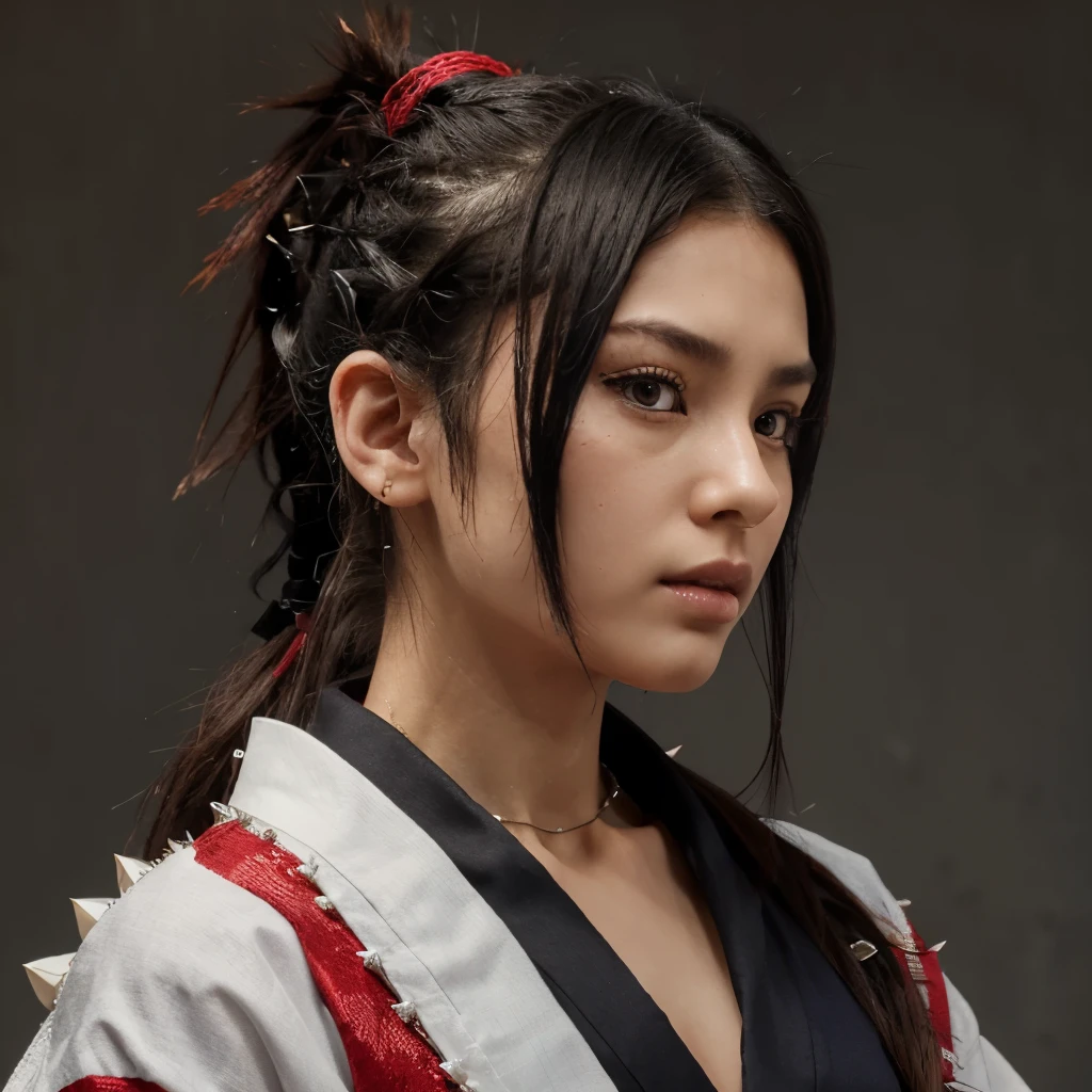 highres, sharp focus, pixiv masterpiece, ((intricate details)), highly detailed, yasuri_shichika, 1boy, male, stripe bead necklace, black hair, (spiked hair:1.1), ponytail, very long hair, red clothes, red open clothes, simple kimono, hakama
