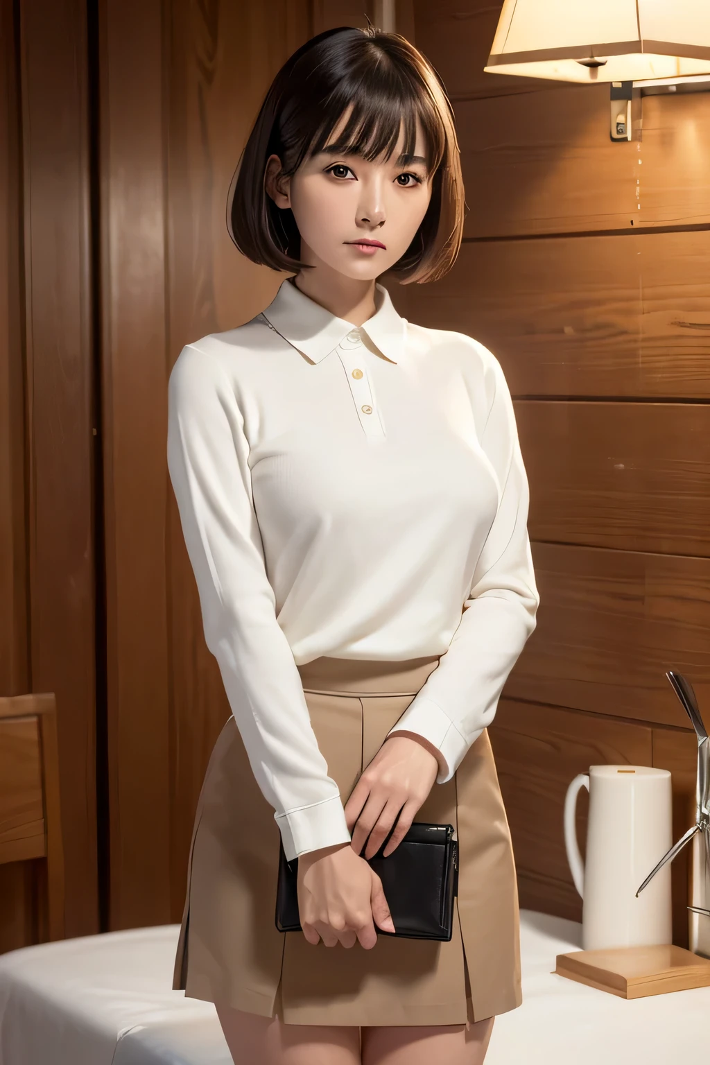 masterpiece, highest quality, High resolution, realistic, Live shooting, 8k wallpaper, perfection, professional lighting, very detailed,sharp, ((90-year-old Japan mature woman, facial wrinkles, bangs, well-shaped small breasts, Buttoned shirt in white collar, black tight skirt, Light brown medium hair, white sweater, black tight skirt, serious face with closed mouth)), ((stand facing forward、Staring at the viewer'serious face eyes.)), full body photo, knees protrude from the frame,