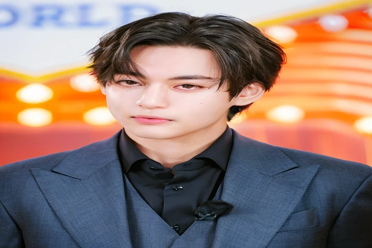 Man wearing a suit and tie standing in front of a neon sign, Jungkook, Taehyung, pale korean adorable face, labios bonitos, taken in the early 2020s