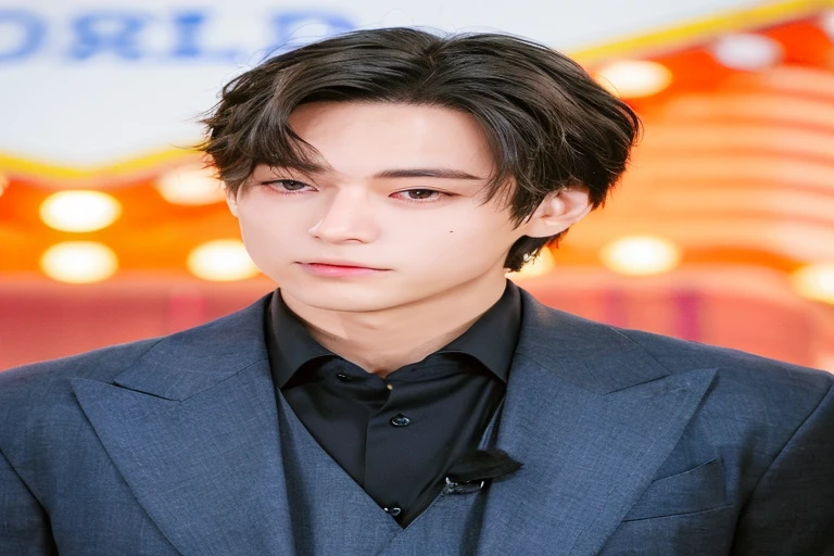 Man wearing a suit and tie standing in front of a neon sign, Jungkook, Taehyung, pale korean adorable face, labios bonitos, taken in the early 2020s
