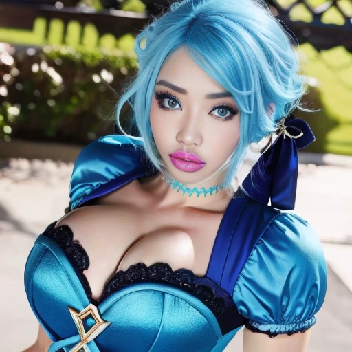 Gwen from league of legends, blue hair , blue eyes,bimbo lips , 