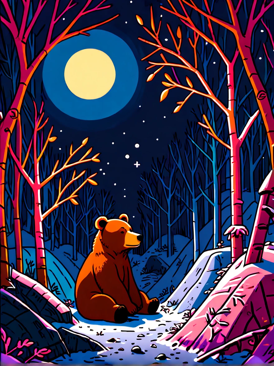 snowy jungle,night,moon,Cute hibernating brown bear,((lair:1.5)),Dead branches,Leaves, graffiti in the style of Keith Haring,sharpie illustration, Bold lines and solid colors, Simple details, minimalist,\(qline\)
