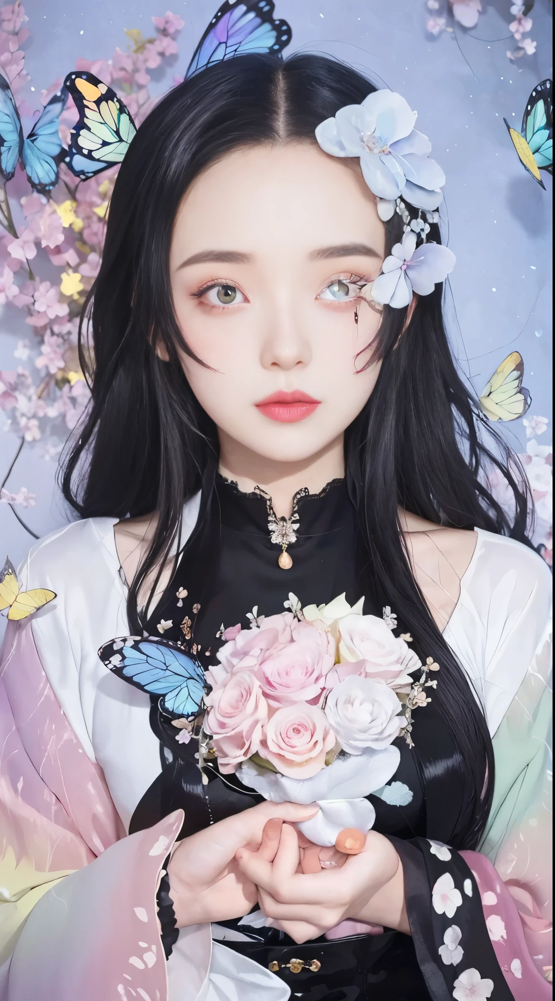 anime girl with flowers in her hands and a butterfly in her hand, guweiz, artwork in the style of guweiz, ethereal anime, dreamy psychedelic anime, hanayamata, soft anime illustration, anime visual of a young woman, anime visual of a cute girl, beautiful anime artwork, digital anime illustration, anime illustration, guweiz masterpiece，black long straight hair，butterfly hair section，long black hair，butterfly hair ornaments，long black hair，long black hair，butterfly hair ornaments，black long straight hair，black long straight hair，butterfly hair ornaments，