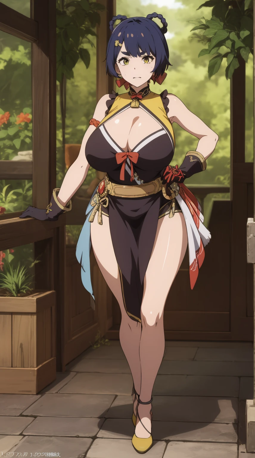 xiangling \(genshin impact\),1girl,blue hair, short hair, thick eyebrows, hairclip, hair rings, braid, yellow eyes, (Beautiful,Huge_Breasts:1.5),
BREAK
, 1girl, solo, Standing in the garden, Eye-level shot, full body, full figure,
BREAK
, Garden,
BREAK
, bow,glove, chinese clothes, sleeveless, bare shoulders, pelvic curtain, belt,
BREAK
, official art, extremely detailed CG unity 8k wallpaper, perfect lighting, Colorful, (best_quality:1.0), ultra high res,4K, ultra-detailed, 8K, HDR, high resolution, absurdres:1.2, film grain, blurry background, (vibrant_color:1.2), (beautiful_face:1.5), (narrow waist),