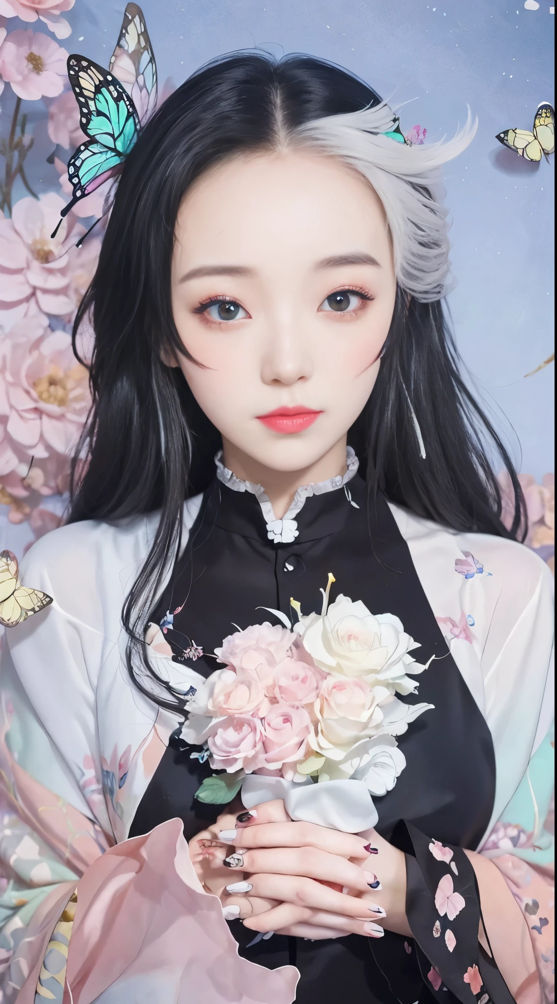 anime girl with flowers in her hands and a butterfly in her hand, guweiz, artwork in the style of guweiz, ethereal anime, dreamy psychedelic anime, hanayamata, soft anime illustration, anime visual of a young woman, anime visual of a cute girl, beautiful anime artwork, digital anime illustration, anime illustration, guweiz masterpiece，black long straight hair，butterfly hair section，long black hair，butterfly hair ornaments，long black hair，long black hair，butterfly hair ornaments，black long straight hair，black long straight hair，butterfly hair ornaments，