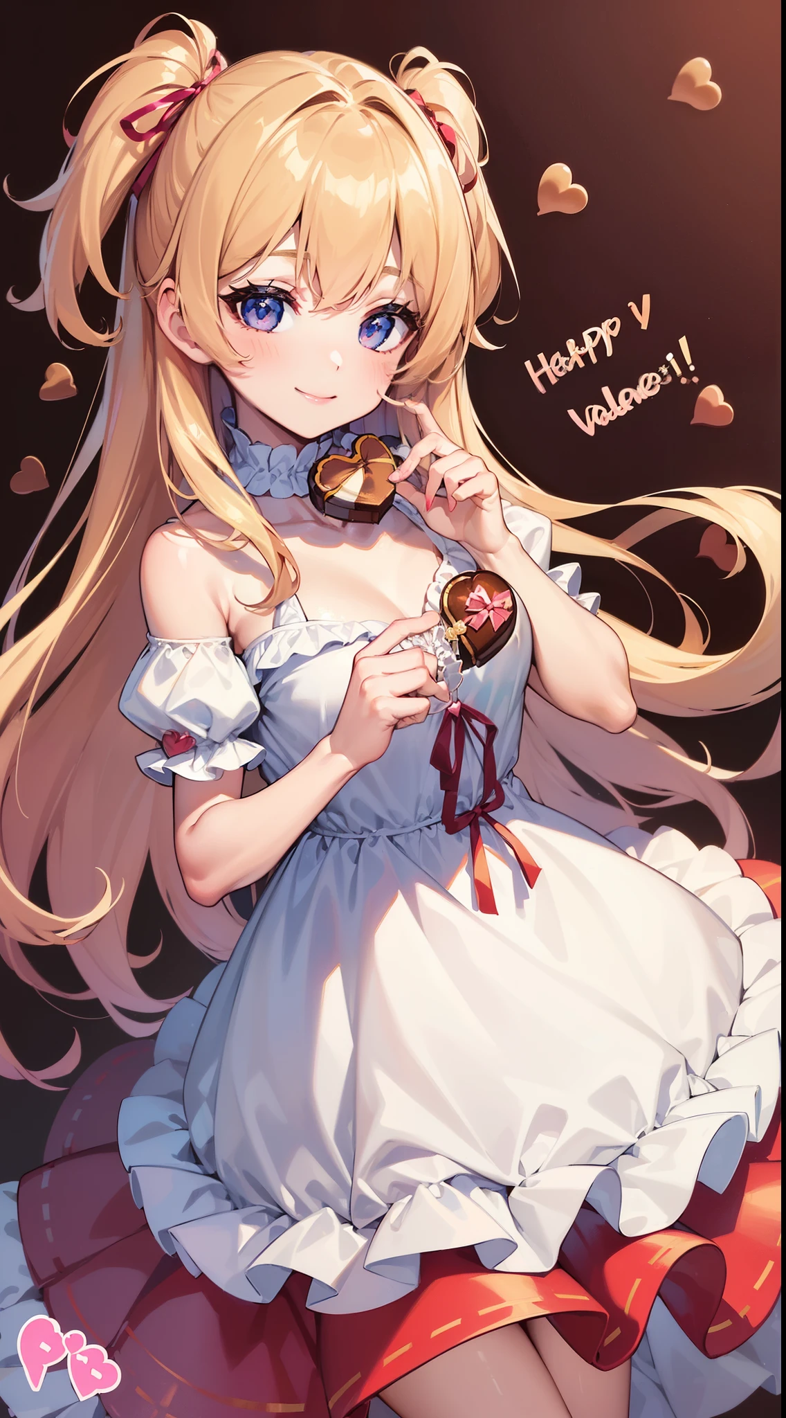 (((32k))), (16k), (8k), (4k), (((32k heart background))), (((Pretty girl))), (((cute girl))), (beautiful quality eyes), (cute smile), (((dress))), (valentine), ((holding heart chocolate)),