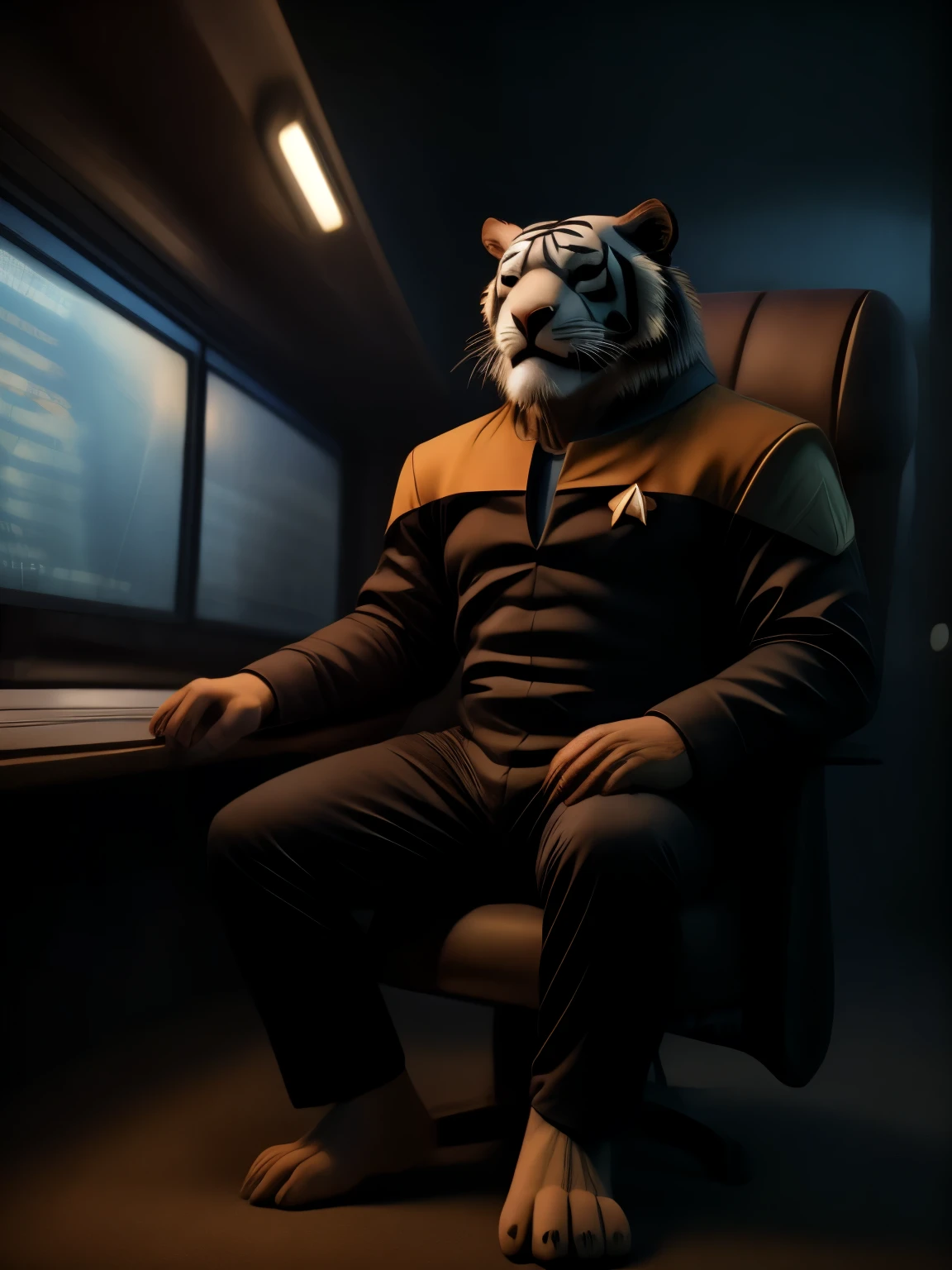 masterpiece, best quality, soft light, bokeh, real shadow, cinematic, The barefoot male muscular tiger exudes confidence and authority as he sits in the captain's chair, and his red and black Star Trek Voyger uniform with the Starfleet Delta badge on his chest is a perfect match for his full figure. Handsome clawed feet paws dominate the bridge of the ship and its crew. Long black pants and red and black shirt without sleeves. Bridge of starship with many screens and consoles as background. high resolution, anatomically correct, digital art style, photoreal