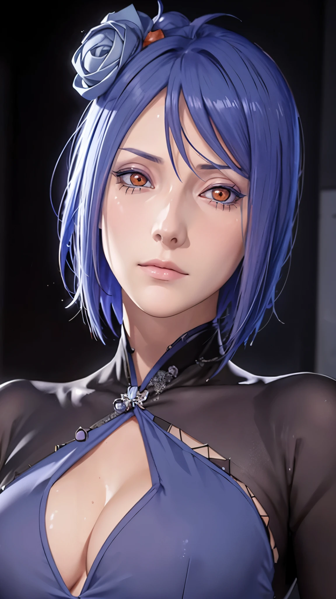 ((((konan \(naruto\),konan, blue hair, Orange pupils, short hair, hair ornament, flower, hair flower, ))),((masterpiece)),high resolution, ((Best quality at best)),masterpiece,quality,Best quality,((( Exquisite facial features,looking at the audience,There is light in the eyes,shy,blush,lol )))
