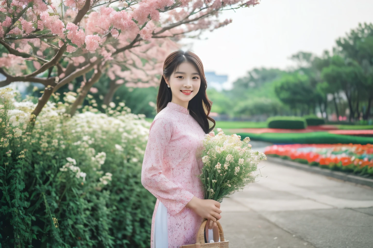 aodai, smile, photographed on a Nikon Z7 II Mirrorless Camera,120mm F/4 wide-angle
a woman in a pink dress  with flowers in it and a (basket of flowers), Ding Yunpeng, phuoc quan, a stock photo, art photography
a woman in a white dress holding a bouquet of flowers, Byeon Sang-byeok, portrait photography, a stock photo, art photography
1girl, aodai, photo art, (flowers:1.2), tree, a stunning photo with beautiful saturation, ultra high res,(realistic:1.4)),deep shadow,(best quality, masterpiece), pale skin, dimly lit, shade, flustered, blush, highly detailed, skinny, BREAK depth of field, film grain, wrinkled skin, looking at viewer, knee, warm smile, 