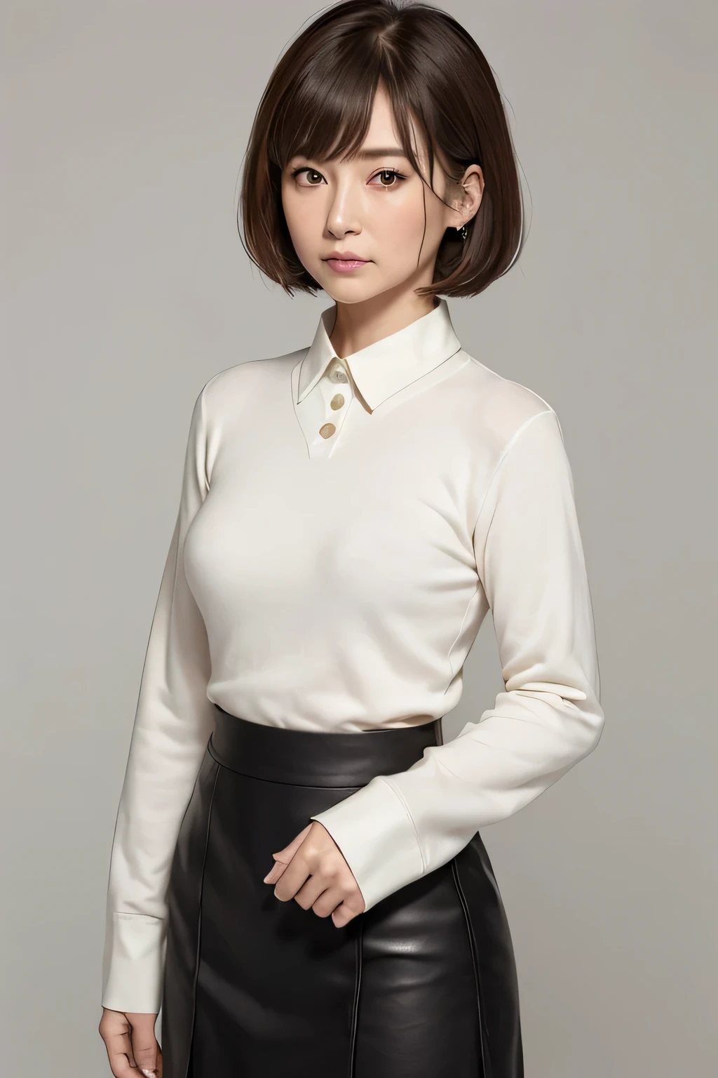 masterpiece, highest quality, High resolution, realistic, Live shooting, 8k wallpaper, perfection, professional lighting, very detailed,sharp, ((90-year-old Japan mature woman, facial wrinkles, bangs, well-shaped small breasts, Buttoned shirt in white collar, black tight skirt, Light brown medium hair, white sweater, black tight skirt, serious face with closed mouth)), ((stand facing forward、Staring at the viewer&#39;serious face eyes.)), full body photo, knees protrude from the frame,
