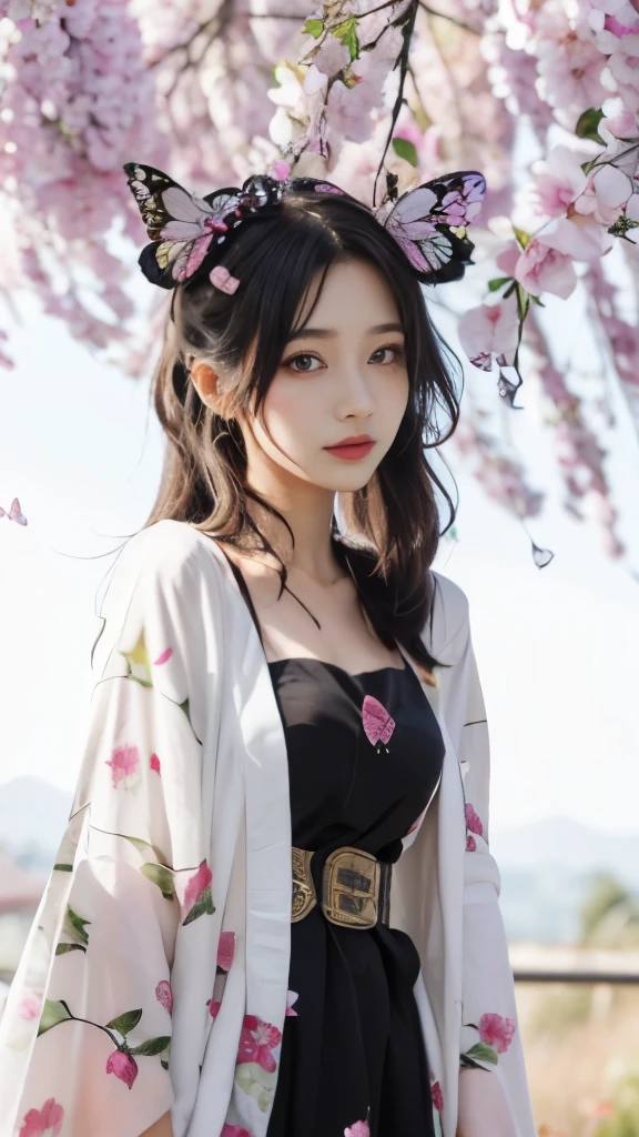 anime girl in a kimono dress under a tree with flowers, anime girl with long hair, beautiful anime woman, beautiful anime girl, anime visual of a cute girl, shuushuu anime image, beautiful anime portrait, nezuko-chan, haibane renmei, beautiful anime, beautiful anime style, nezuko, young anime girl, pretty anime girl,black long straight hair,butterfly hair section,long black hair,butterfly hair ornaments,long black hair,long black hair,butterfly hair ornaments,black long straight hair,black long straight hair,butterfly hair ornaments