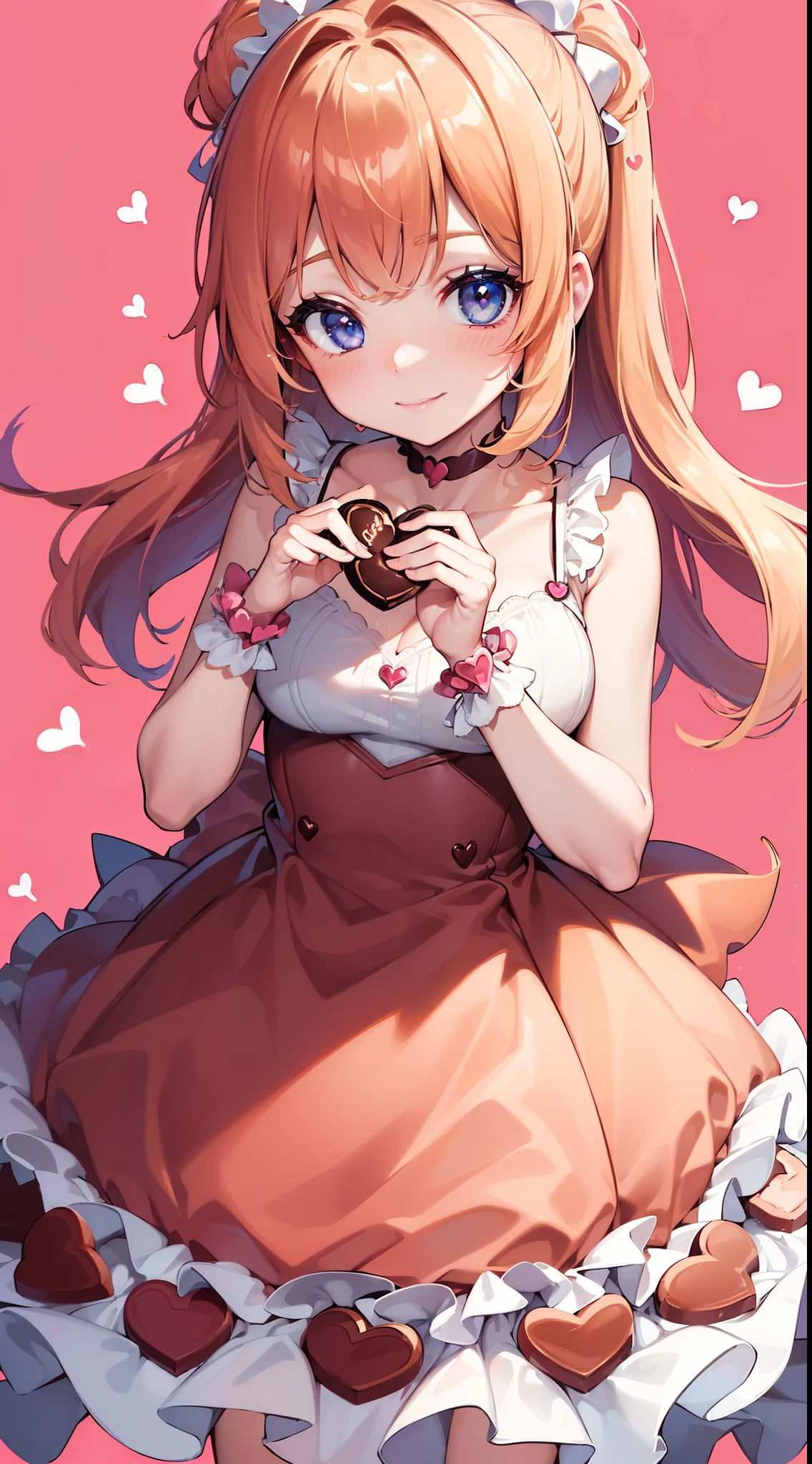 (((32k))), (16k), (8k), (4k), (((32k heart background))), (((Pretty girl))), (((cute girl))), (beautiful quality eyes), (cute smile), (((dress))), (valentine), ((holding heart chocolate)),
