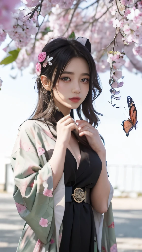 anime girl in a kimono dress under a tree with flowers, anime girl with long hair, beautiful anime woman, beautiful anime girl, anime visual of a cute girl, shuushuu anime image, beautiful anime portrait, nezuko-chan, haibane renmei, beautiful anime, beautiful anime style, nezuko, young anime girl, pretty anime girl，black long straight hair，butterfly hair section，long black hair，butterfly hair ornaments，long black hair，long black hair，butterfly hair ornaments，black long straight hair，black long straight hair，butterfly hair ornaments