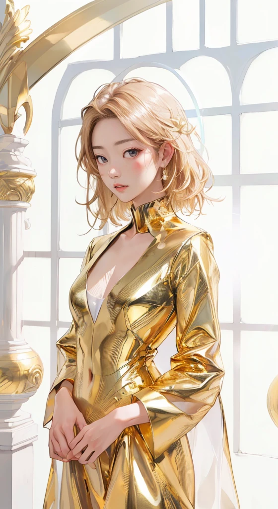 masterpiece、highest quality、portrait photography、face focus、Halo effects、(natural skin texture、hyper realism、Gold Light、sharp:1.4)、Sparkling.