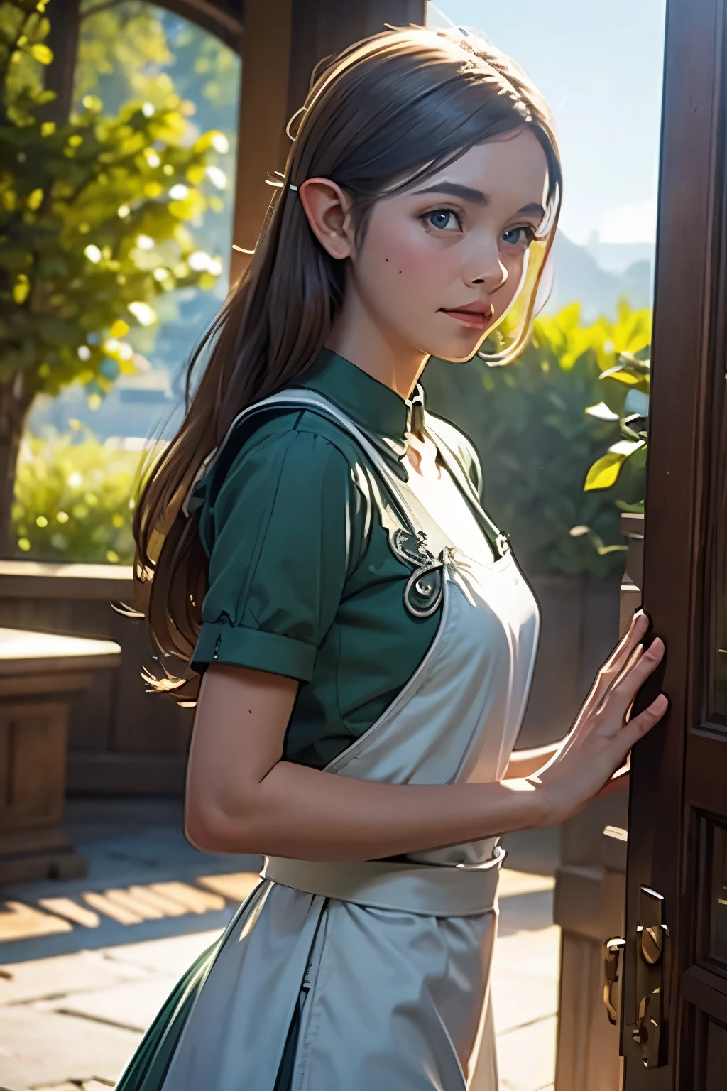 very beautiful half elf maid in green and silver clothes