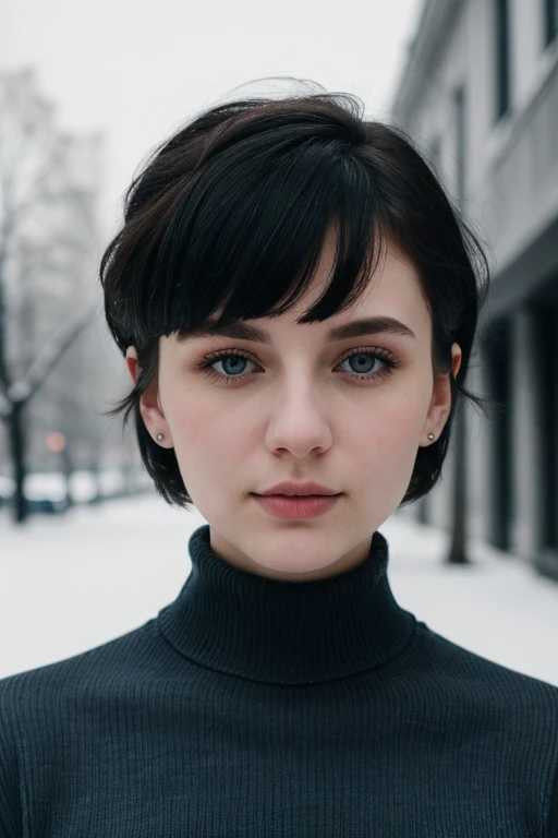 (best quality, highres:1.2),portrait,close-up portrait,winter city background,Instagram-style photo,21-year-old Russian girl,short hair,black hair, turtleneck,split lighting,pale skin,high contrast,grayscale,soft focus,icy blue hues,chilly atmosphere