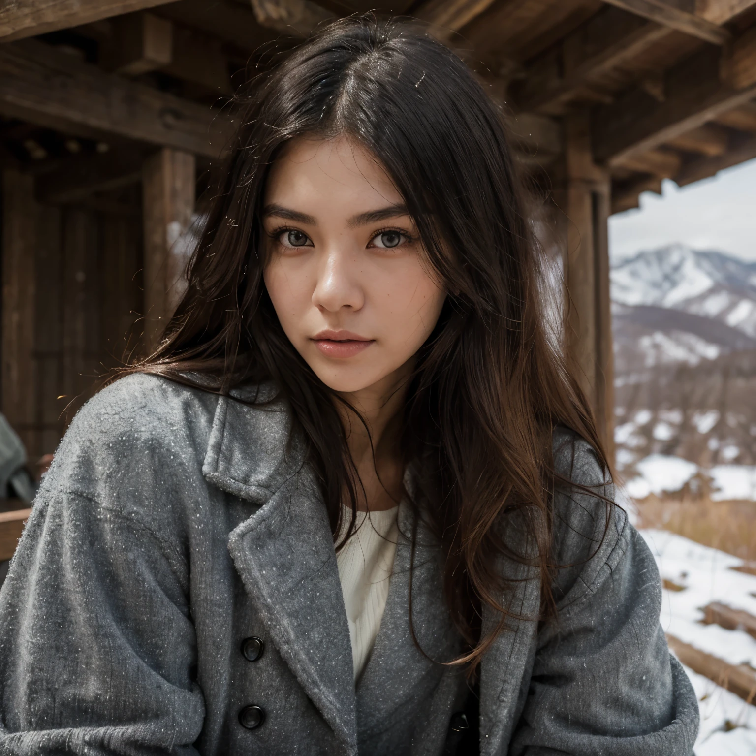 photo of black hair female, natural skin, realistic skin, beautiful refined oily skin, real skin texture, sharp face lines, skinny face, beautiful slim face, black long hair, beautiful dimples cheeks, slim beautiful japanese face, beautiful face, beautiful nose, masterpiece, high resolution, 21 years old, busty female, american mixed japanese ethnic female, Atop a serene mountain vista, in a rich, textured overcoat, the outfit a testament to resilience and style, the rugged peaks forming a majestic backdrop, a moment where fashion and wilderness converge