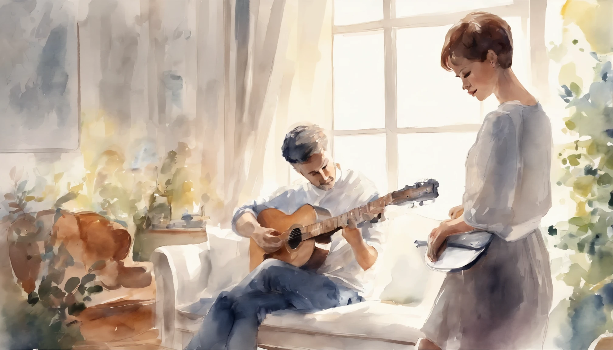 a women with short hair and her husband holding guitar in a minimalistic white room ( anime, 8k, high quality)