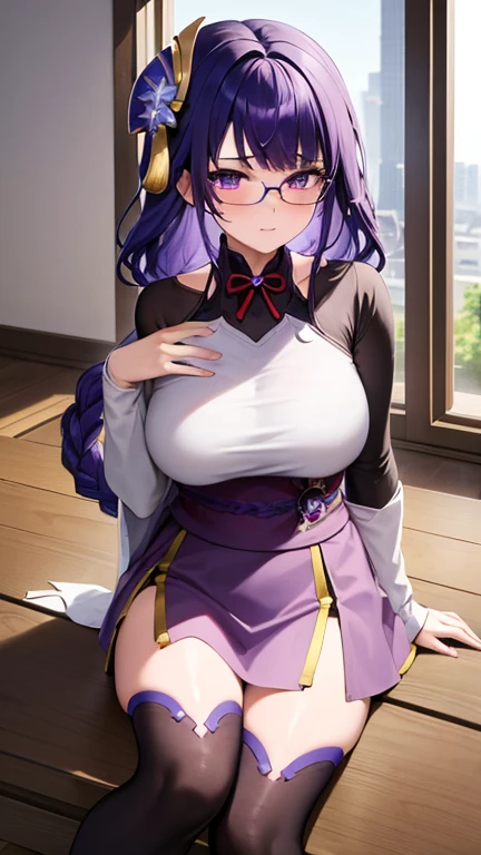 masterpiece, best quality, 1girl, solo, raiden shogun, long hair, purple hair, purple eyes, medium breasts, braided ponytail, hair ornament, blunt bangs, flowers, mole, mole under eye, sweat, wet, School Uniform Top, Stockings, Skirt, home background, inside house, daylight, glasses